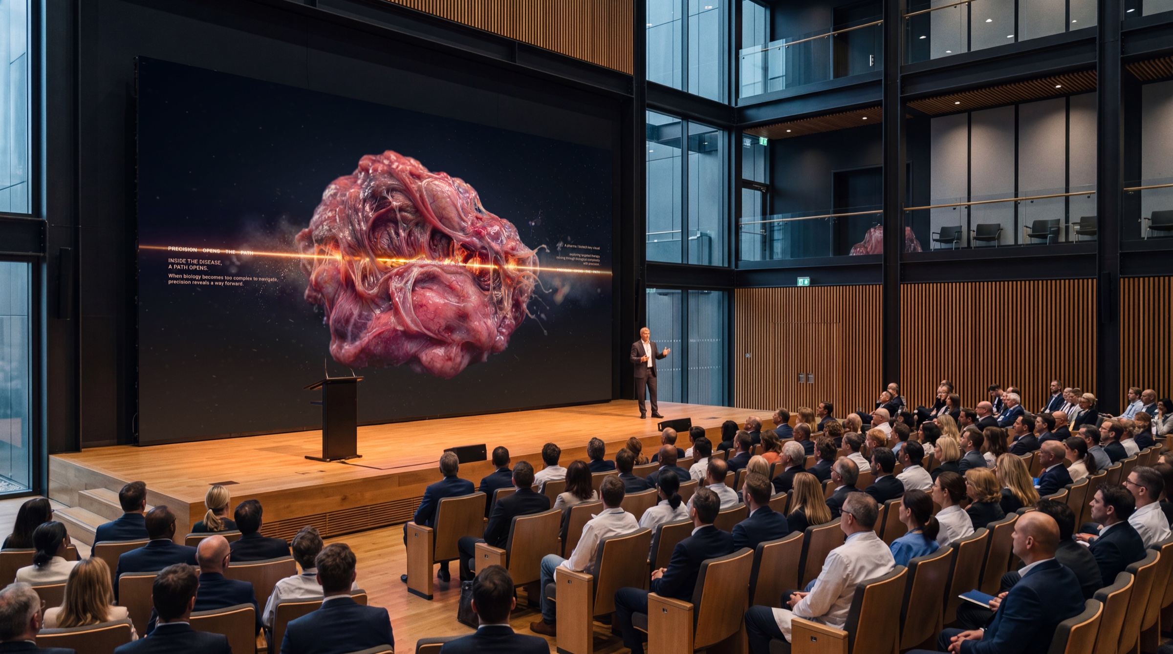 Precision Opens The Path campaign presented in a healthcare auditorium