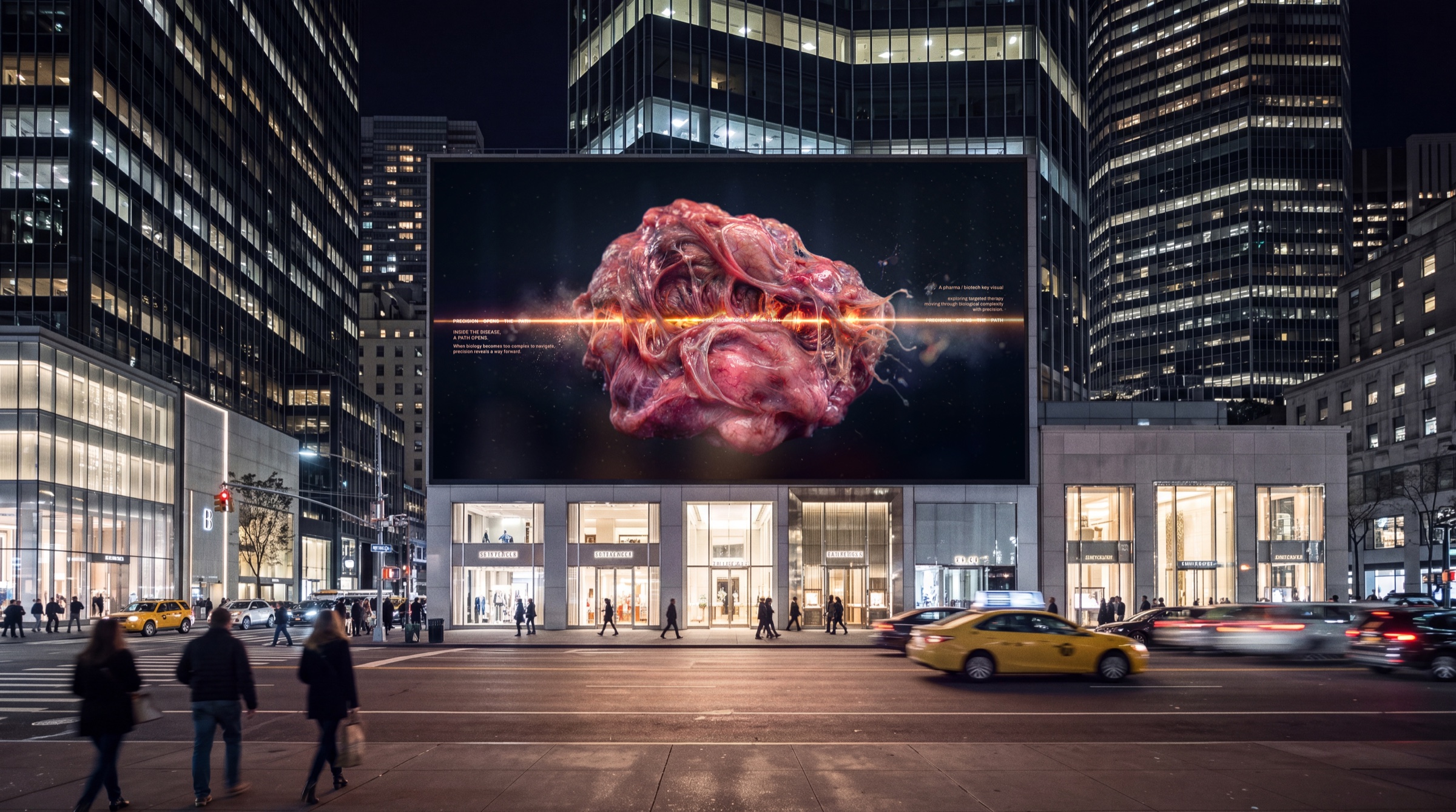 Precision Opens The Path campaign displayed on a large city billboard